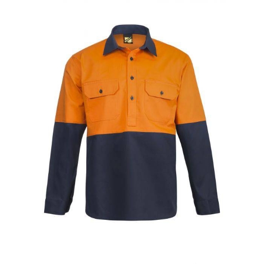 Picture of WorkCraft, Hi Vis Two Tone Half Placket Cotton Drill Shirt Wi Semi Gusset Sleeves